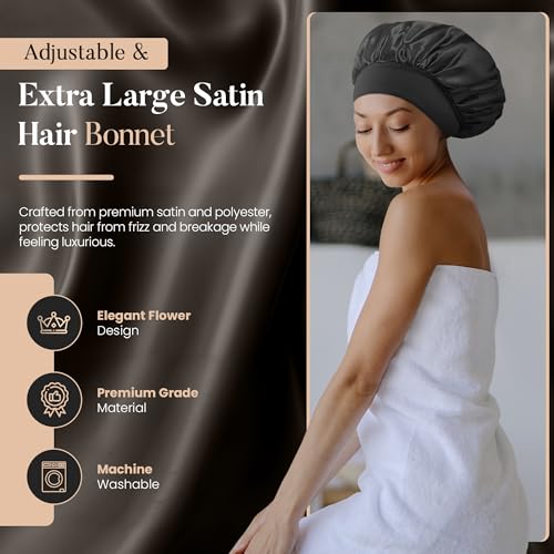 Merdia 2 PCS Satin Hair Bonnet for Sleeping and Shower Cap Black 11.8 Inch