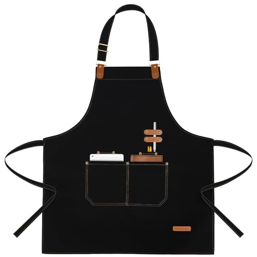 APRONPANDA Chef Apron - Black Heavy Duty Canvas with Pockets & Adjustable Strap
