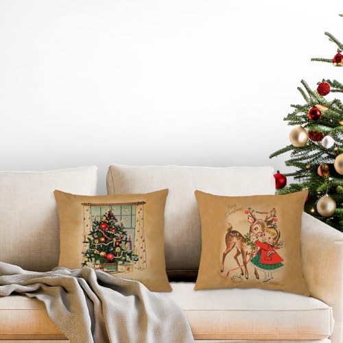 Retro Christmas Deer Couch Pillow Covers Set of 2 - 18x18 Holiday Decor