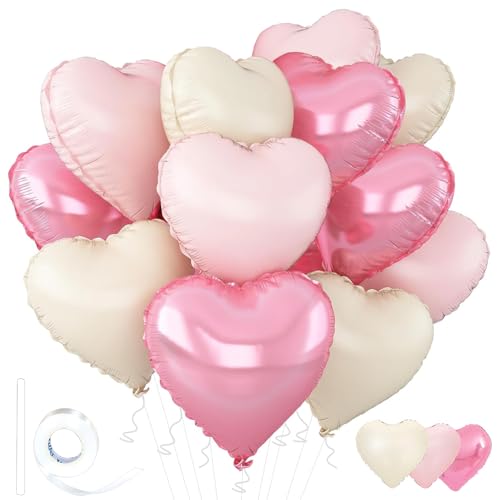 Pink Heart Balloons - 18 Inch Foil Balloons for Parties (12Pcs, Pink-2 Variation)