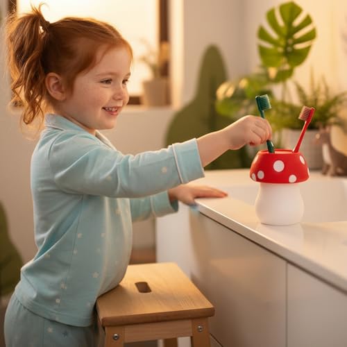 Red Silicone Mushroom Toothbrush Holder for Kids - Fun & Unbreakable