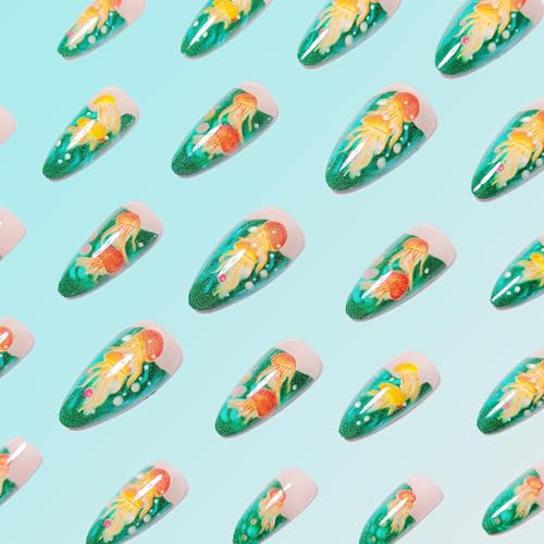 Blue Green Jellyfish Press on Nails Medium Almond Glossy False Nails