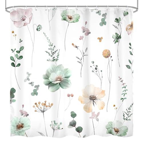 Watercolor Floral Shower Curtain - Sage Green & Beige, 72"W x 72"L