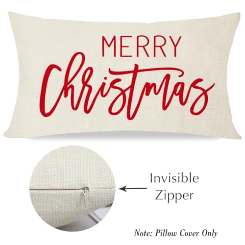 Merry Christmas Pillow Cover 12x20 Inch - Cream Red Holiday Decor