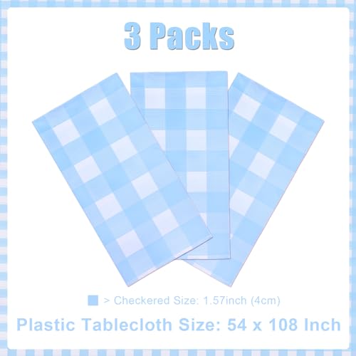 Sky Blue Checkered Tablecloths - 3 Pack 54 x 108 Inch Disposable