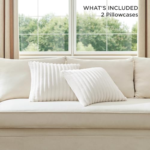 Bedsure Fleece Striped Throw Pillow Covers, Off White, 18x18 - Set of 2