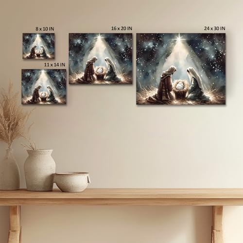 Nativity Scene Canvas Wall Art - Holy Family and Star Religious Christmas Decor - 24x30 Inch, Framed