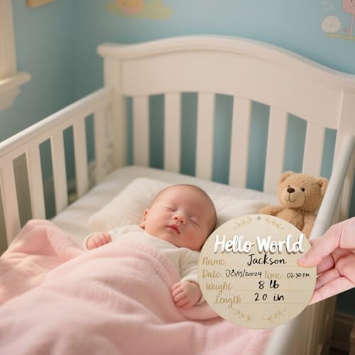 Hello World Baby Announcement Sign - 5.9" White Wooden Keepsake Set
