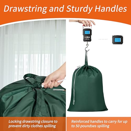 Polecasa Extra Large Heavy Duty Laundry Bag with Drawstring - 28x36, 50LB Capacity, Reinforced Handles, Green