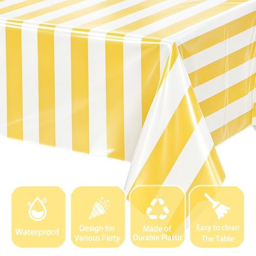 OQOQ Yellow and White Striped Disposable Tablecloths - 54x108 Inch, 3 Pack