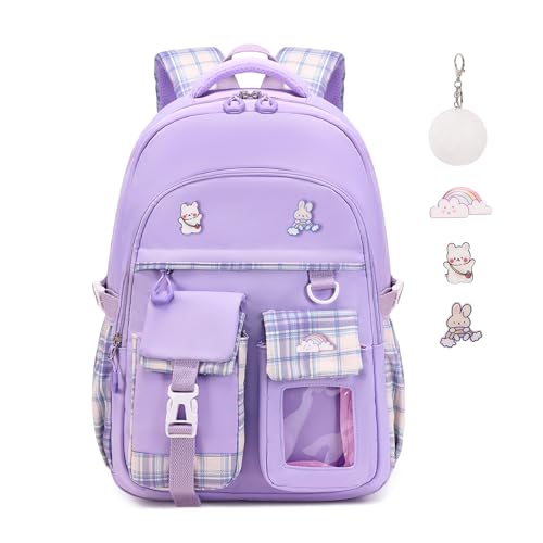 Kawaii Girls School Backpack with Luggage Strap - Purple, Lightweight