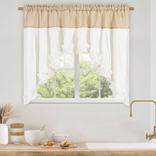 Likiyol Linen Ruffle Swag Valance, Farmhouse Rustic Window Curtains, 60x36