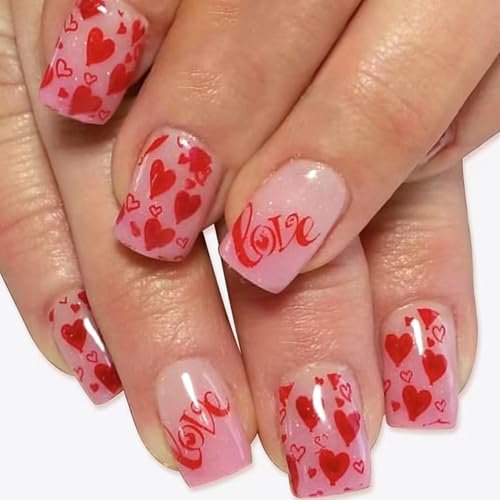 Valentine Press on Nails Medium Square Red Heart Acrylic Nails 24 Pcs