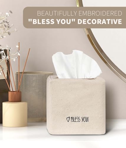 Chic Canvas Tissue Box Cover with Embroidery - Ivory