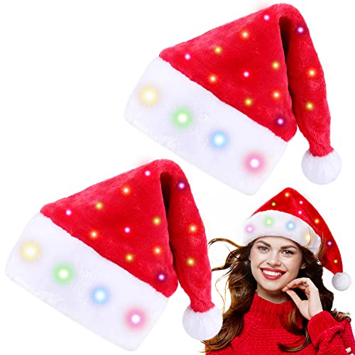 Light Up Christmas Santa Hat with LED Lights - Red, Plush Holiday Party Hats, 2 Pack