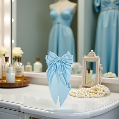 Light Blue Jumbo Silky Satin Bow Hair Barrette with Long Tails