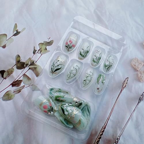 Floral Press On Nails Medium Almond Fake Nails with Pearls