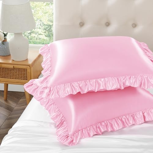 Pink Ruffle Satin Pillow Covers, 18x18 Inch Set of 2, Envelope Closure