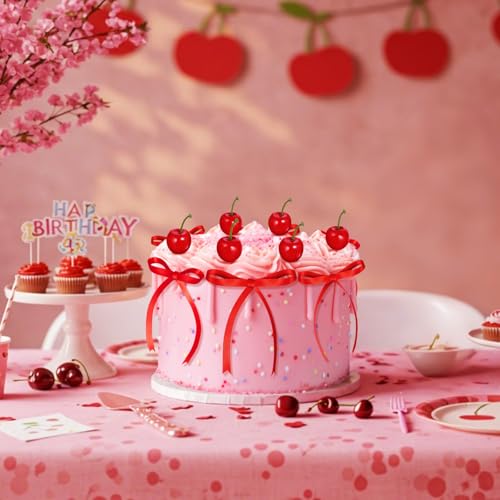 24 Pcs Fake Cherry Cake Toppers with Red Bows for Party Dessert Decor