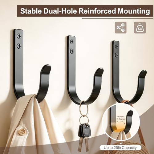 10 Pack Extra Large Black Metal Wall Hooks for Coats & Towels