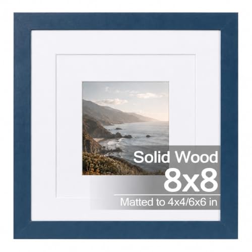 QOTIB 8x8 Solid Wood Picture Frame - Navy Frame with 4x4 & 6x6 Double Mats