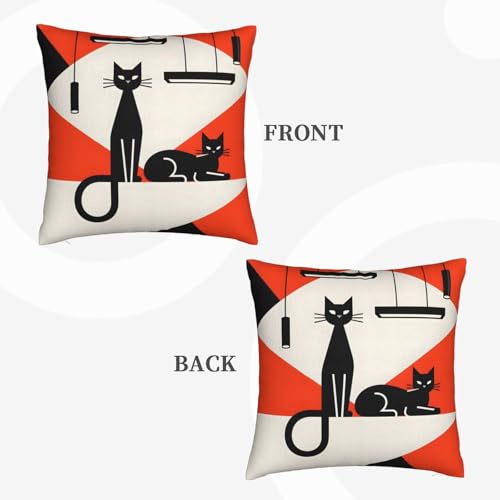 Mid-Century Modern Black Cat Throw Pillow Cover 18"x18"
