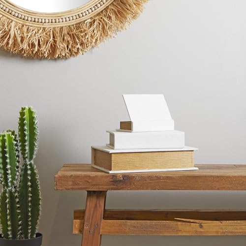 Deco 79 Linen Fabric Decorative Box Faux Storage Book Book Shaped Boxes, Set of 3 Decorative Keepsake Boxes 12", 9", 6"H, White