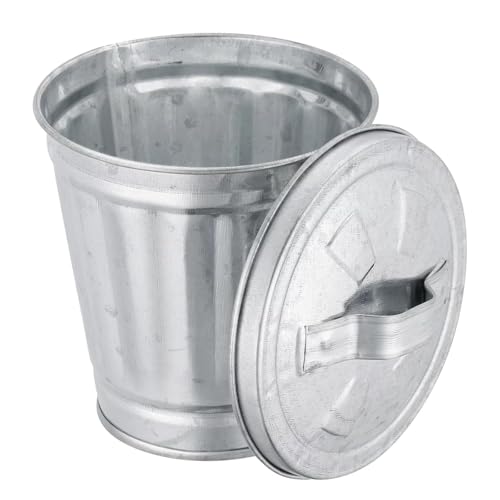 Mini Galvanized Metal Trash Can with Lid - Desktop Organizer Bin