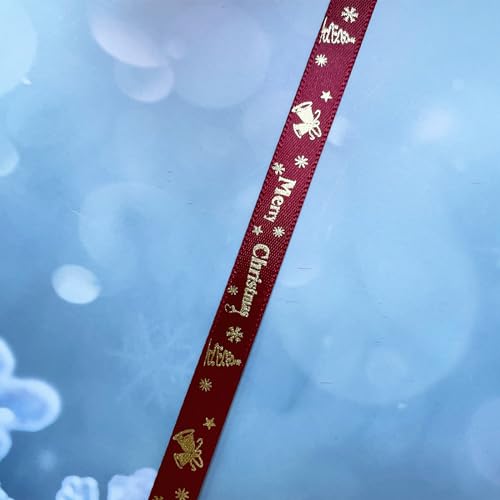 50 Yards Satin Christmas Ribbon with Bells & Snowflakes - Wine Red