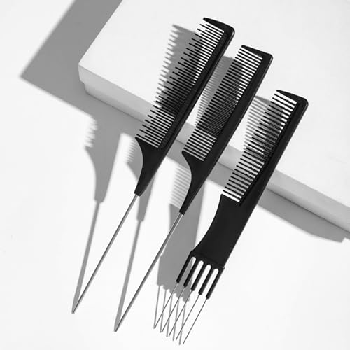 Rat Tail Comb and Teasing Comb Set with Metal Pick - 2 Pack Black
