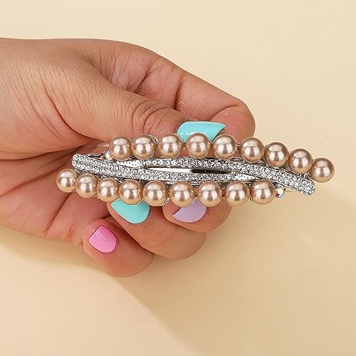 Chargances Vintage Pearl Hair Barrette Rhinestone French Crystal Clip