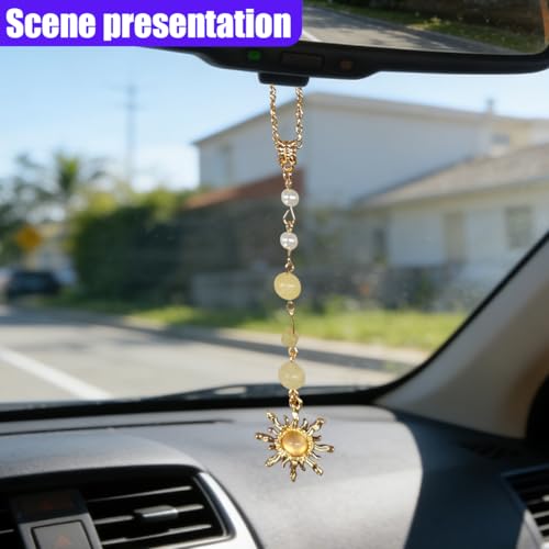 Boho Natural Stone Car Mirror Charm - Sun Pendant Decoration