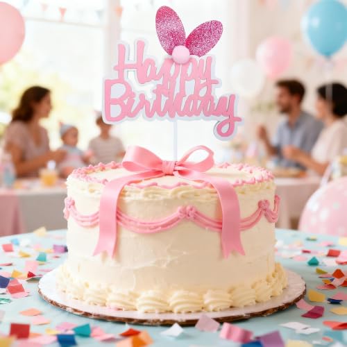 Happy Birthday Cake Topper with Bunny Ears - Pink Glitter Decoration