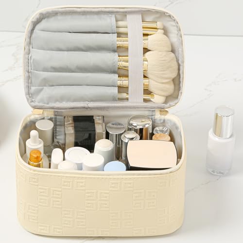 Meiyuuo Travel Makeup Bag PU Leather Waterproof Cosmetic Pouch with Brush Holder