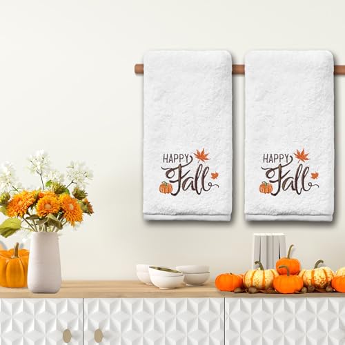 Fall Hand Towels Set of 2 - Pumpkin Embroidered Kitchen & Bath Towels, 14x30 Inches