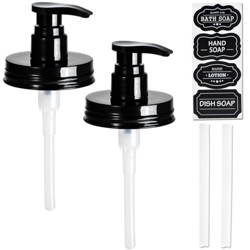 Amolliar Mason Jar Soap Dispenser Pump Lids - 2 Pack, Black, Regular Mouth