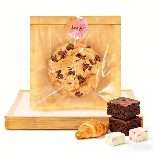 50 Pack Bakery Cookie Bags with Window & Thank You Stickers
