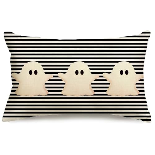 Halloween Ghost Pillow Cover 12x20 - Black Stripe Decor