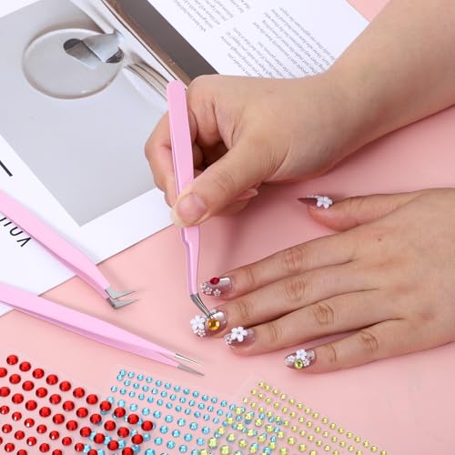 Xelsluthe 3-Piece Stainless Steel Eyelash Extension Tweezers Set, Straight and Curved Precision Lash Tools for Volume Lashes and Nail Art