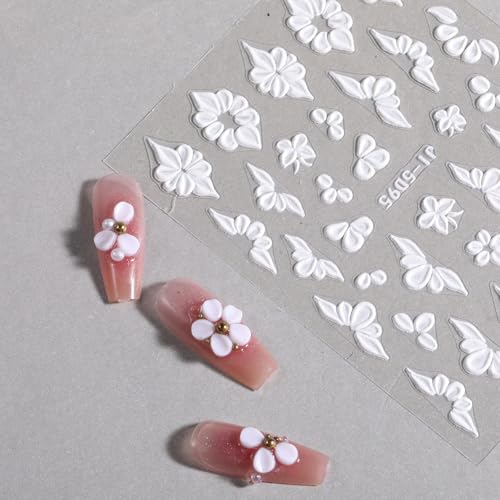5D Embossed Flower Nail Art Stickers - White Floral Butterfly Decals