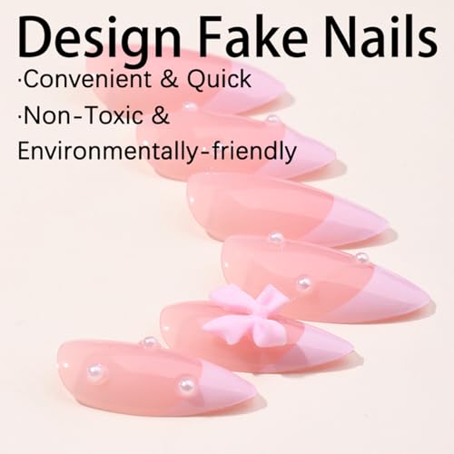 French Tip Press on Nails with Pink Bow Glossy Almond False Nails Kit