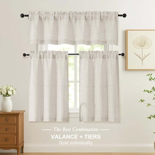 Ebesto Natural Kitchen Curtains 30W x 24L Inches - 2 Panels Light Filtering Faux Linen Texture, Rod Pocket Short Window Drapes for Kitchen, Bathroom, Over Sink, Pack of 2