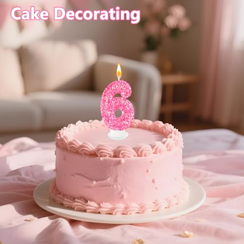 Rose Red Number 6 Birthday Candle – Sparkly Glitter Cake Topper for Girls