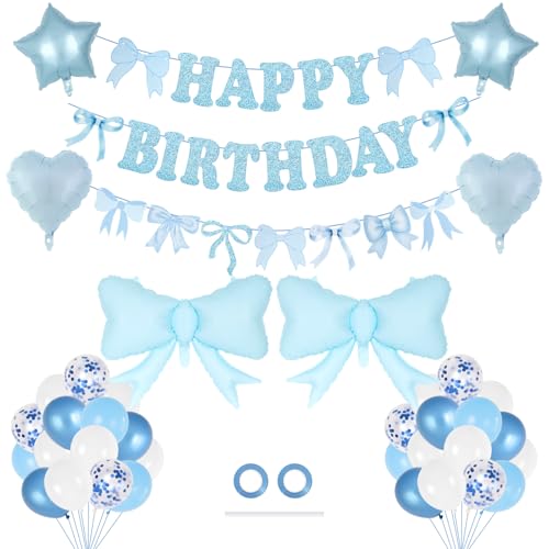 Blue Bow Birthday Party Decorations Set with Balloons & Banner