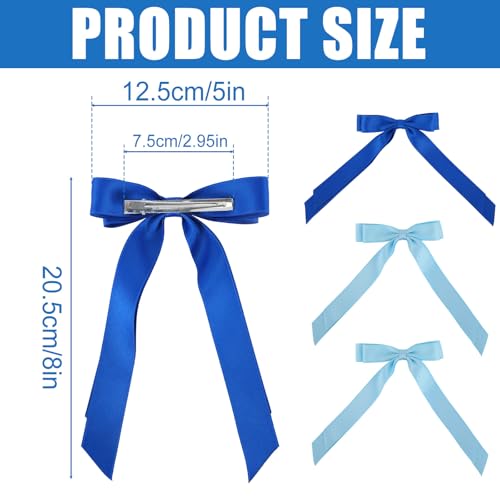 Penitue Blue Satin Hair Bow Clips with Long Tail, 4 Pack