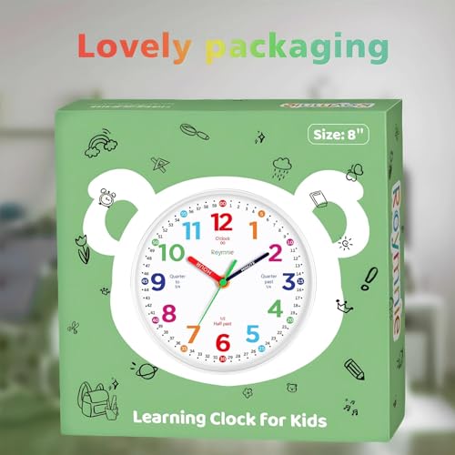 Roymnie 8-Inch Kids Learning Wall Clock - Silent Non-Ticking White Grain