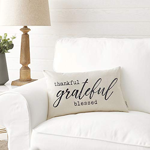 Thankful Grateful Blessed Farmhouse Lumbar Pillow Cover 12x20 Linen