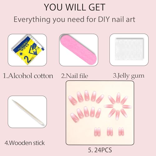 WAFOLOZE Medium Coffin Ombre Pink Press On Nails with Glitter