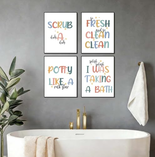 Kids Bathroom Wall Art Decor - 4-Pack 8x10 Funny Washroom Prints