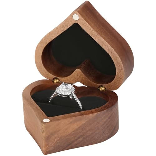 LETURE Wooden Heart-Shaped Ring Box for Engagement & Wedding